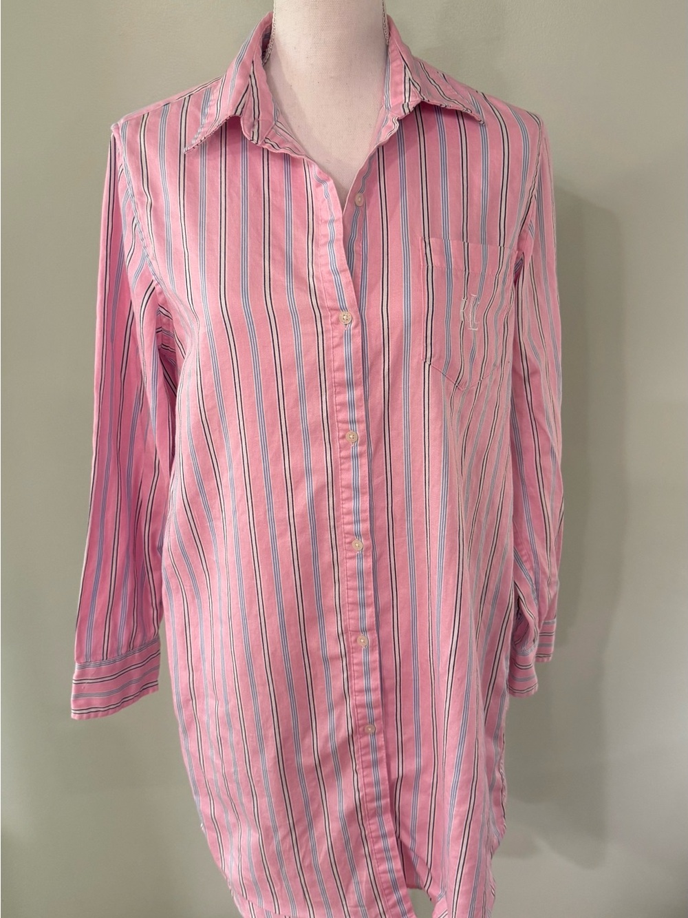 Ralph Lauren Pink and Navy Striped Button-Down Nightshirt